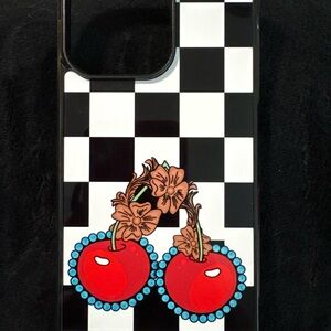 Black and White Checkerboard iPhone Case with Cherry Design